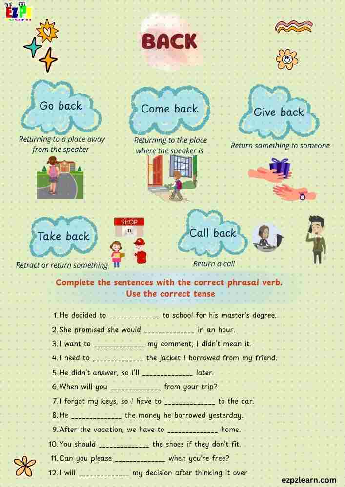 Phrasal Verbs with "Back" Worksheet – ESL Grammar Practice | 11 Fill-in-the-Blank Sentences | Free PDF